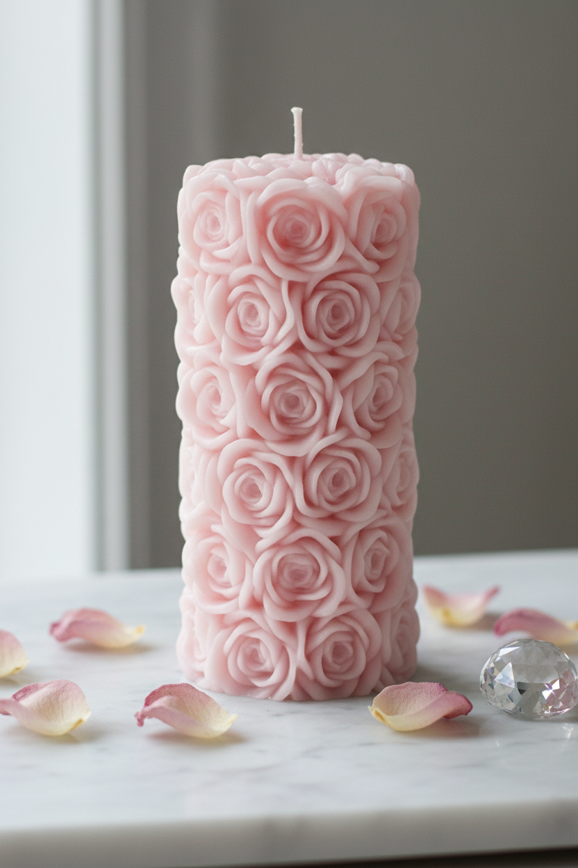 Pastel blush pink rose textured pillar soy candle on white marble with dried rose petals - Just Natural Purity