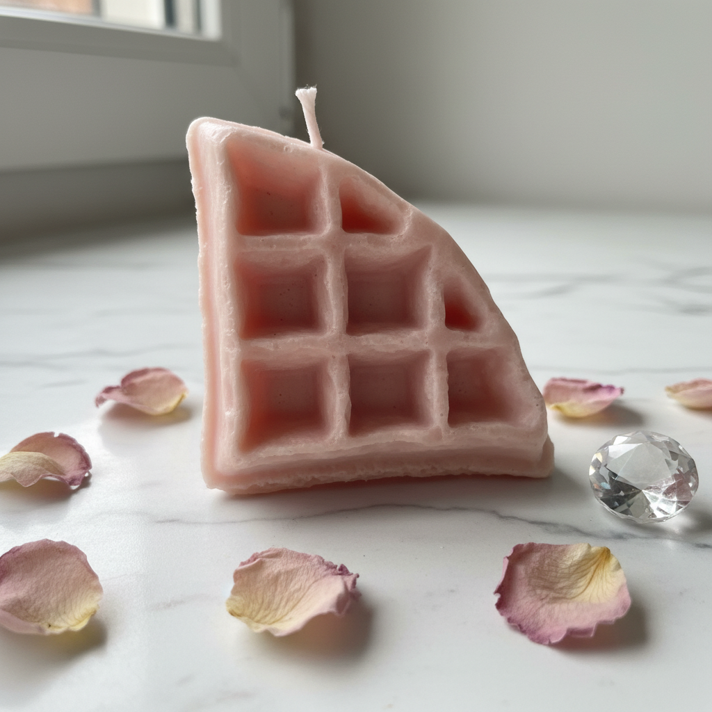 Waffle candle in pastel blush pink on white marble - Just Natural Purity