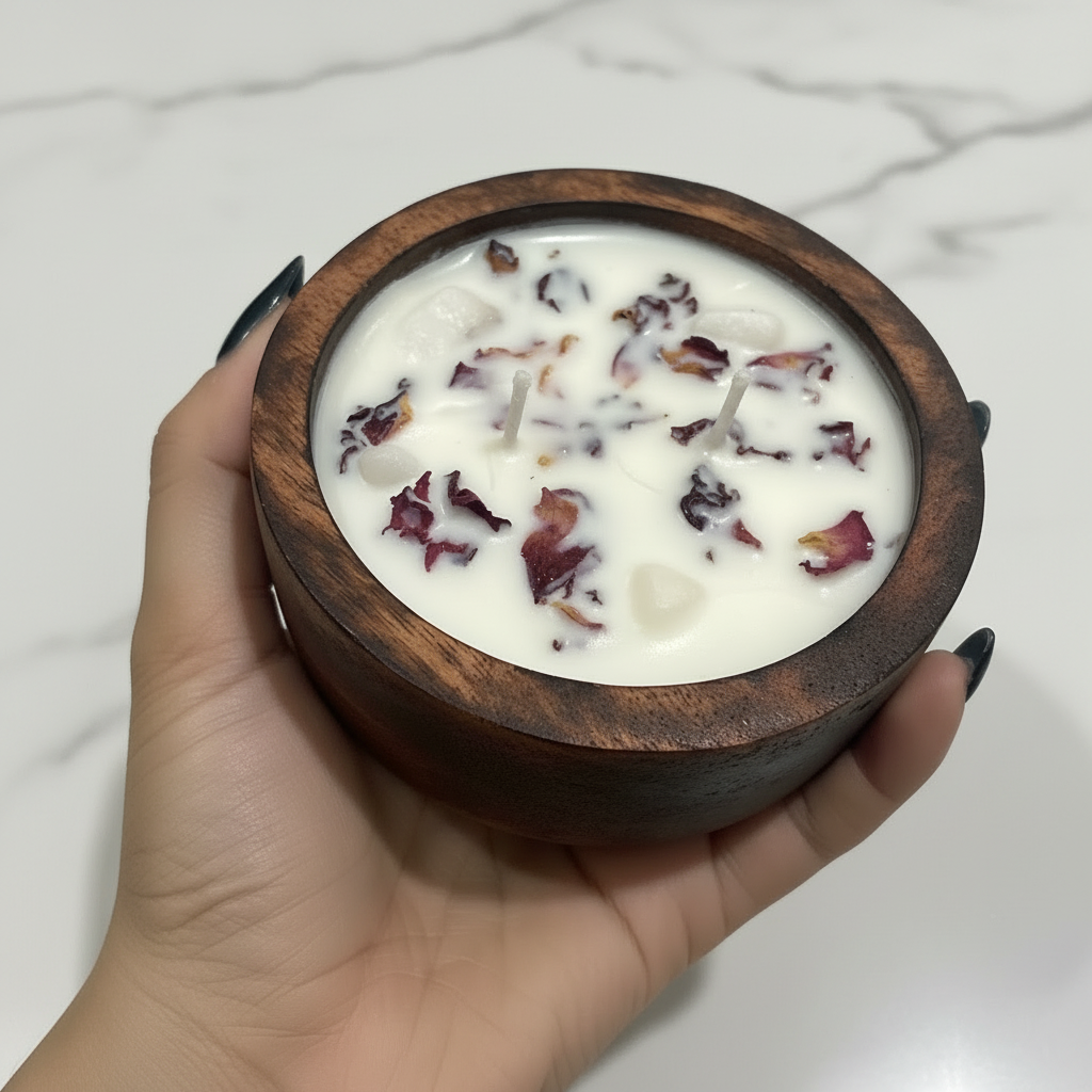 Rose Petal Wooden Bowl Candle