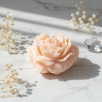 Pastel peach rose bloom candle on white marble with dried flowers - Just Natural Purity