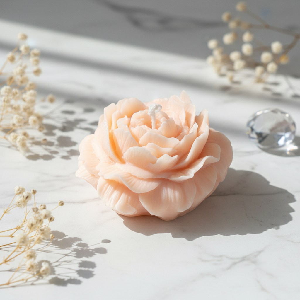 Pastel peach rose bloom candle on white marble with dried flowers - Just Natural Purity