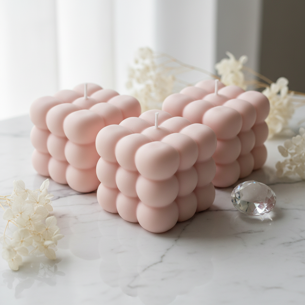 Pastel blush pink triple cloud candles on white marble - Just Natural Purity