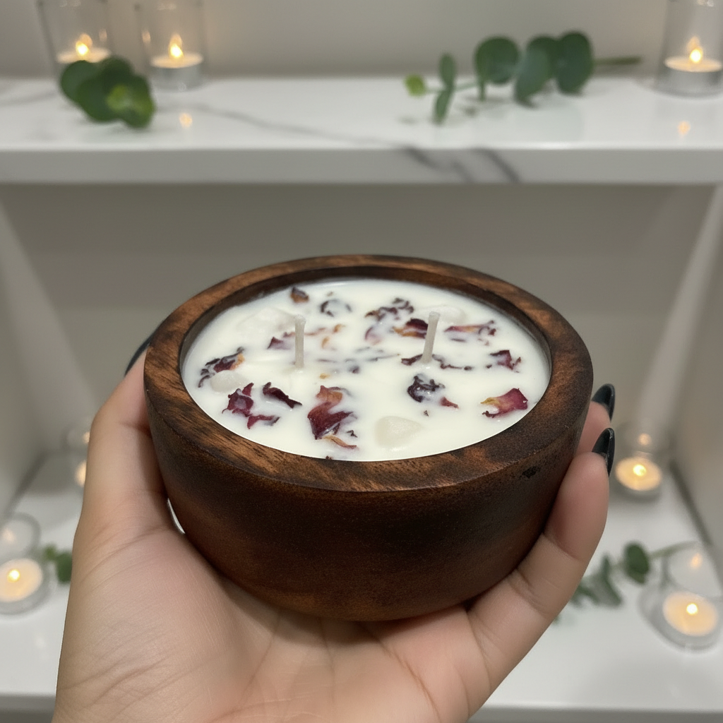 Rose Petal Wooden Bowl Candle