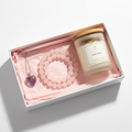 Raksha Bandhan Sister's Love Set - Rose Quartz Bracelet, Amethyst Pendant and Velvet Rose Candle gift hamper on white background