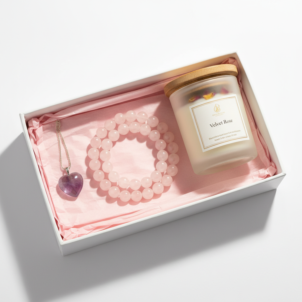 Raksha Bandhan Sister's Love Set - Rose Quartz Bracelet, Amethyst Pendant and Velvet Rose Candle gift hamper on white background