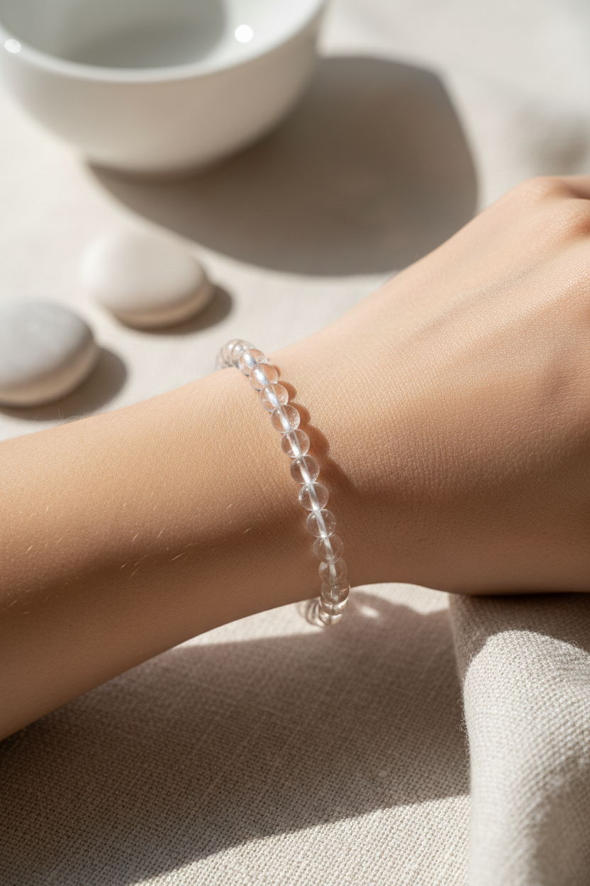 Clear Quartz Bracelet worn on wrist showing pure clarity and master healer energy