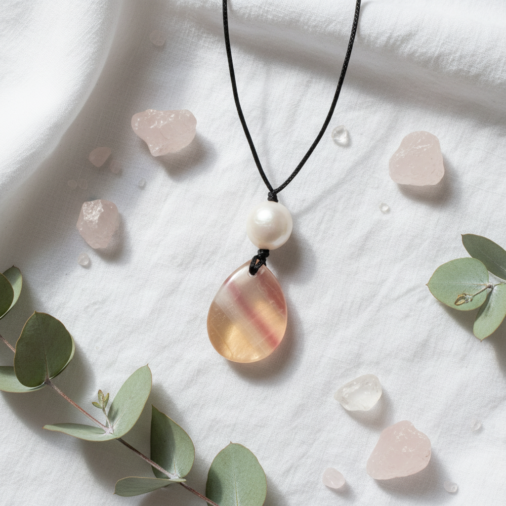 Rainbow Fluorite & Pearl Macramé Pendant