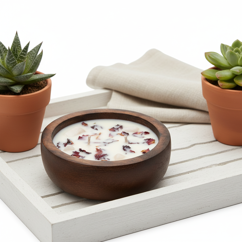 Rose Petal Wooden Bowl Candle