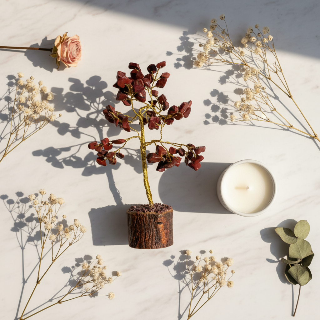 Red Jasper Crystal Tree luxury flat lay with marble and candle