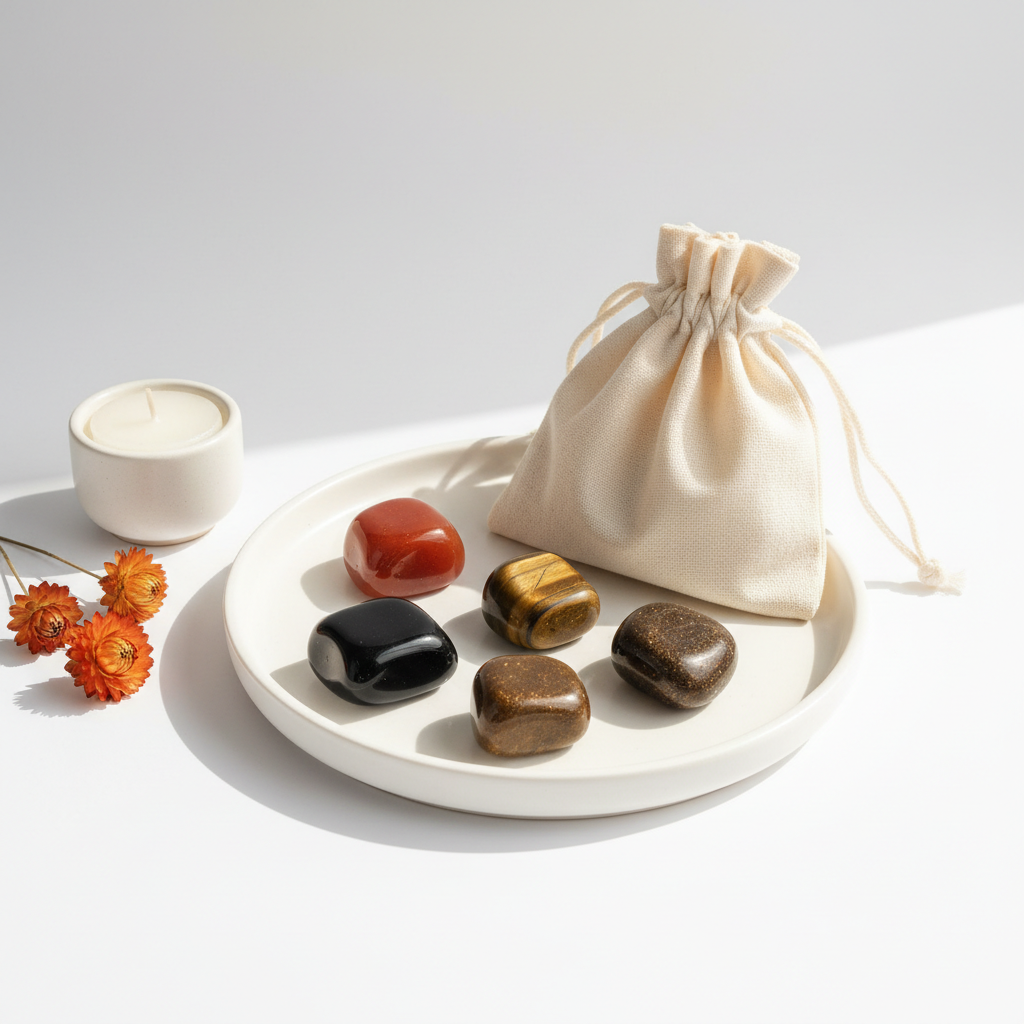 Energy & Vitality Crystal Set - Red Carnelian, Tiger Eye, Black Obsidian and Bronzite tumbles on white plate with cotton potli