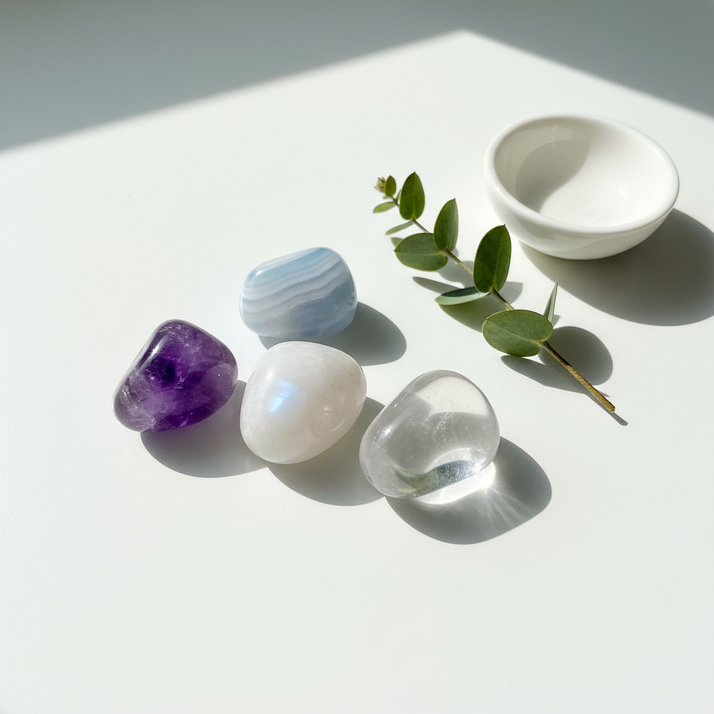 Calm & Peace Crystal Tumble Kit — Moonstone, Blue Lace Agate, Amethyst and Clear Quartz tumble stones flat lay on white surface
