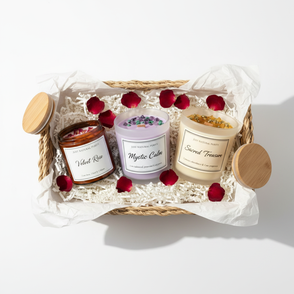 Scented & Spiritual Candle Trio - top-down view of Velvet Rose, Mystic Calm and Sacred Treasure candles in luxury gift hamper