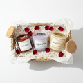 Scented & Spiritual Candle Trio - top-down view of Velvet Rose, Mystic Calm and Sacred Treasure candles in luxury gift hamper