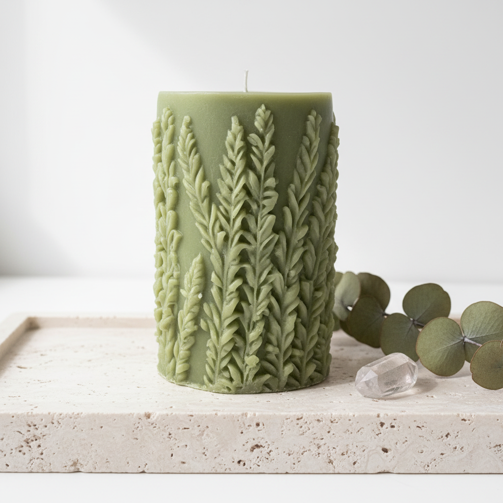Sage green botanical leaf relief pillar candle on travertine tray with eucalyptus and crystal spa decor