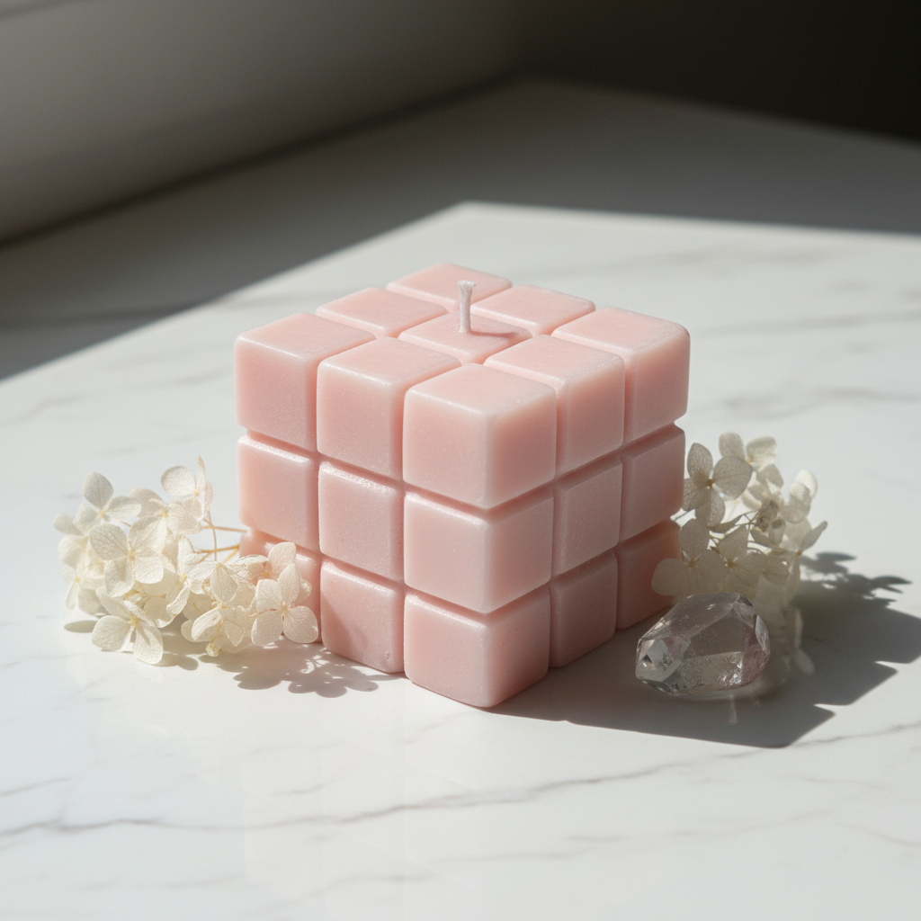Pastel blush pink dice candle on white marble - Just Natural Purity