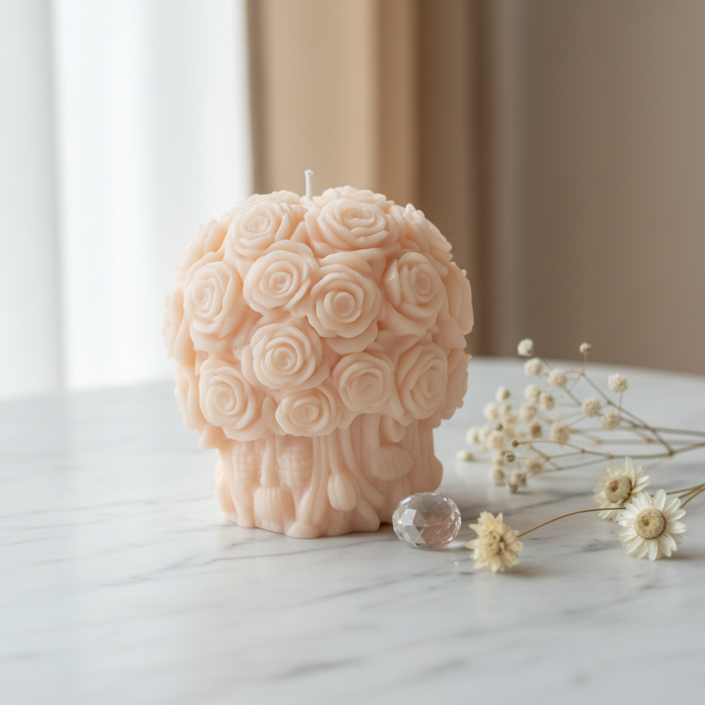 Pastel peach rose small bouquet candle on white marble - Just Natural Purity