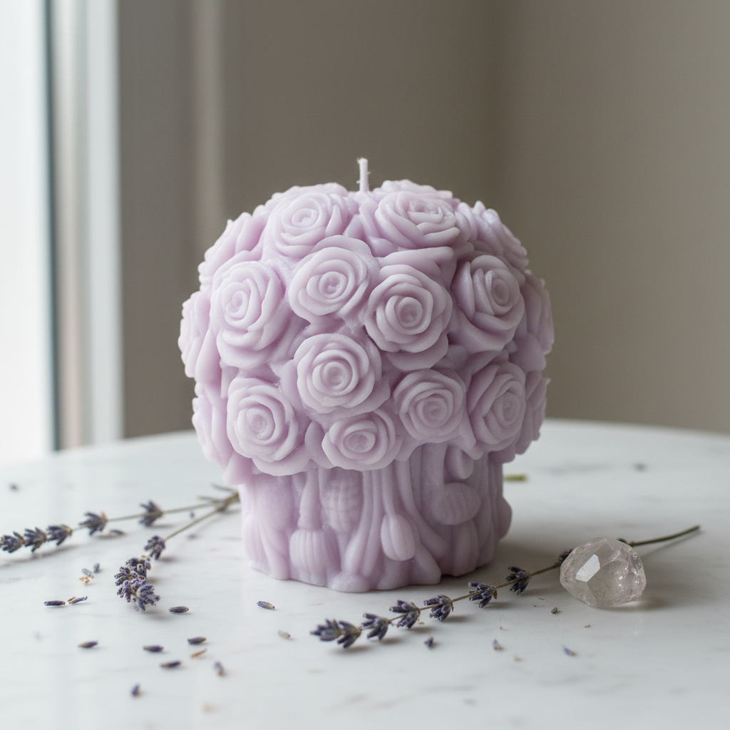 Pastel lavender rose small bouquet candle on white marble - Just Natural Purity