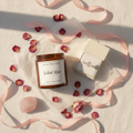 Pure Love Set — Velvet Rose Candle & Rose Quartz Crystal Ring hamper flat lay
