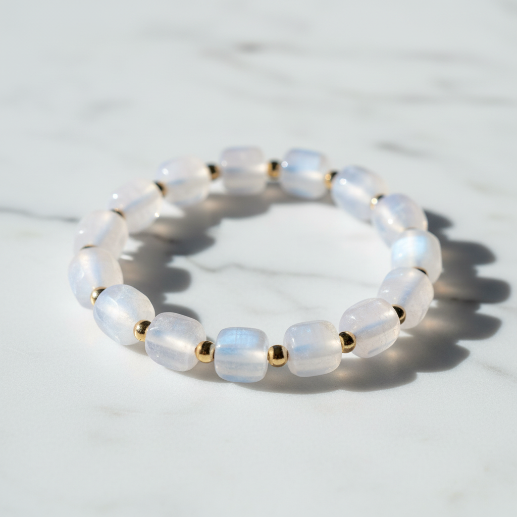 Blue Moonstone Crystal Bracelet with milky white box beads and blue flash on marble