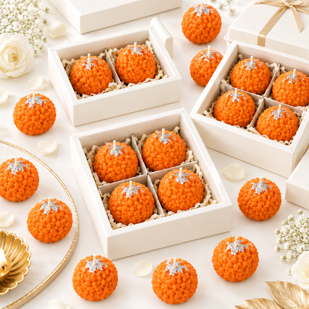Luxury display of orange Laddu candles in gift boxes on a bright cream background