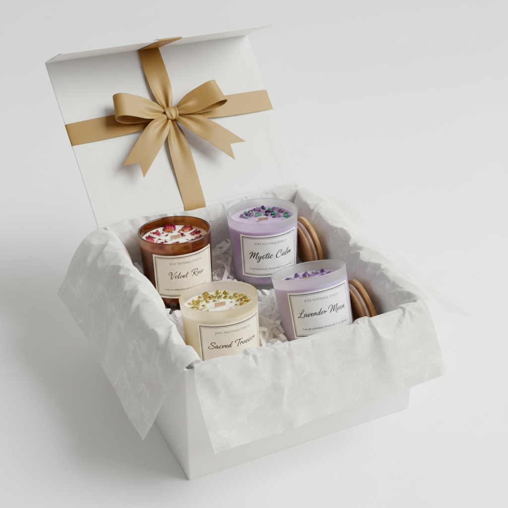 Scented & Spiritual Candle Quad - Velvet Rose, Lavender Moon, Mystic Calm and Sacred Treasure candles in premium white gift hamper box