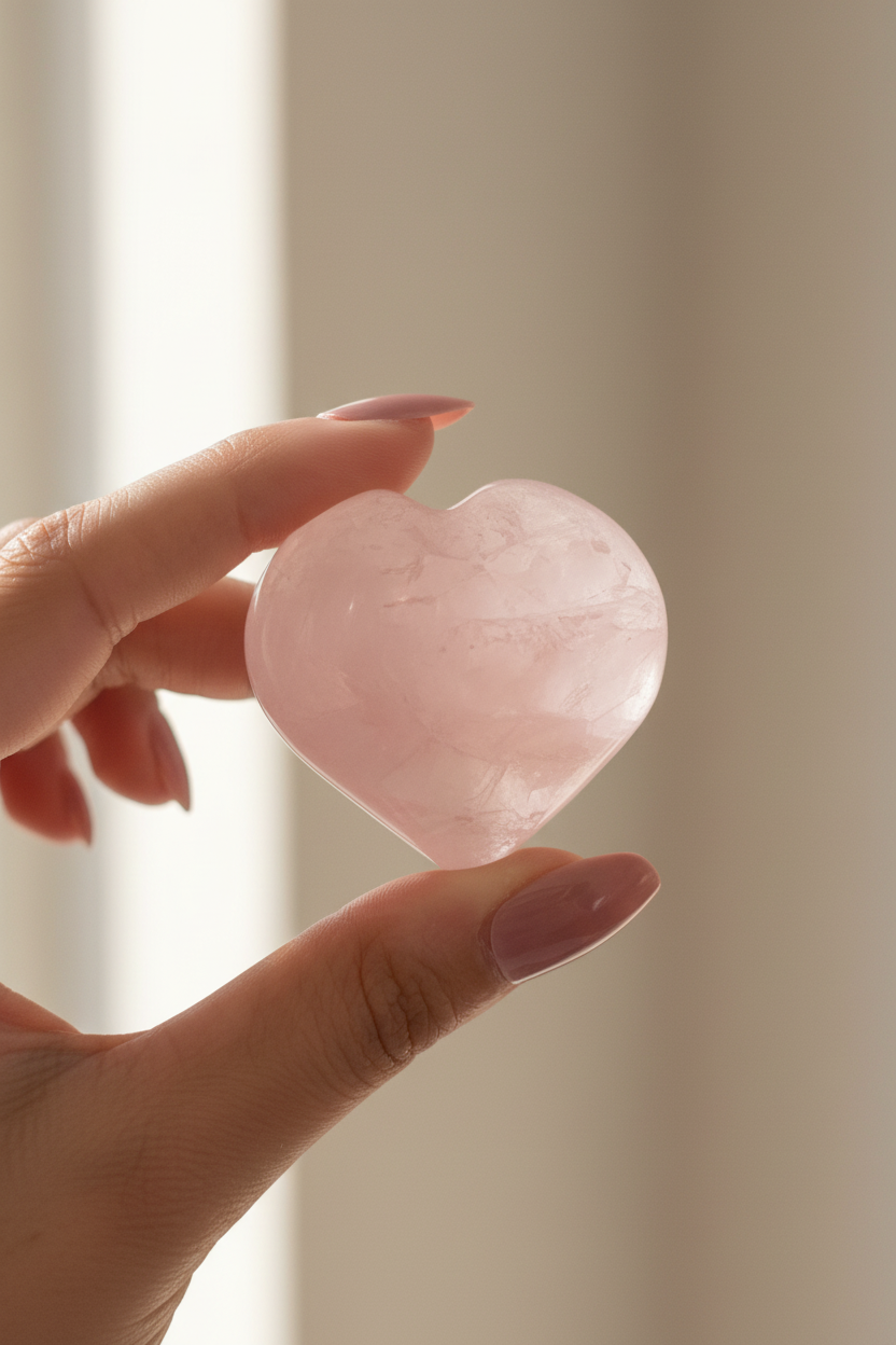 Rose Quartz Heart held in hand showing loving compassion energy