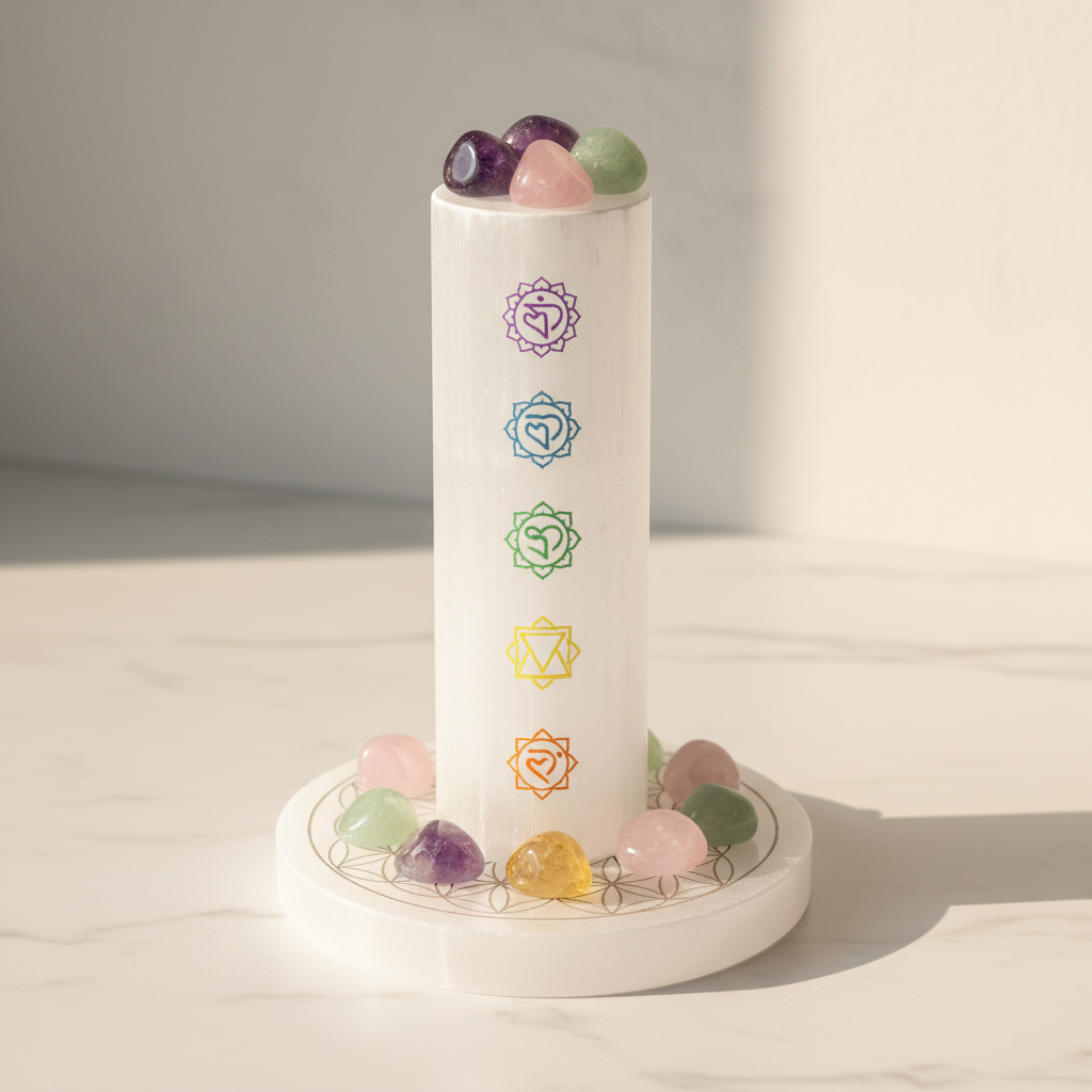 Selenite 7 Chakra Charging Pillar