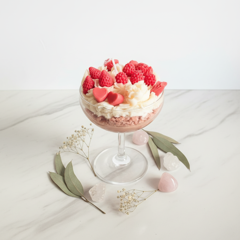 Strawberry sundae candle in coupe glass styled flat lay on white marble surface
