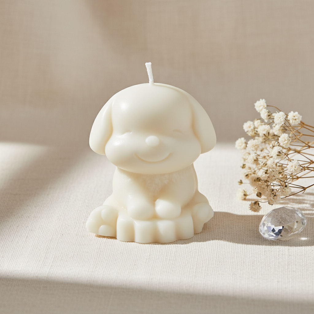 Cute puppy figurine soy candle flat lay on cream linen with dried flowers and crystal - Just Natural Purity