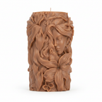 Goddess sculptural pillar candle on pure white background showing intricate 3D relief carving detail