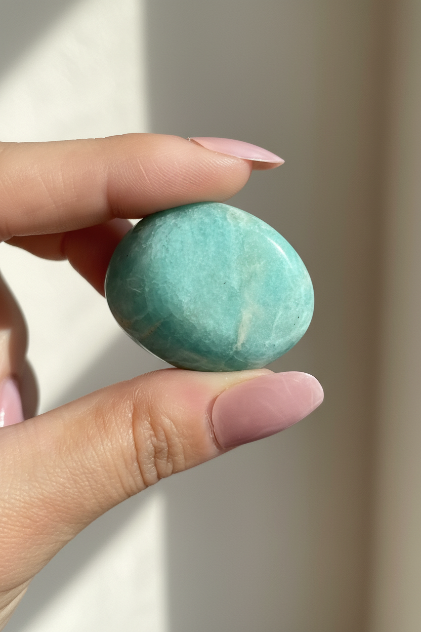 Amazonite Stone held in hand showing calming soothing energy
