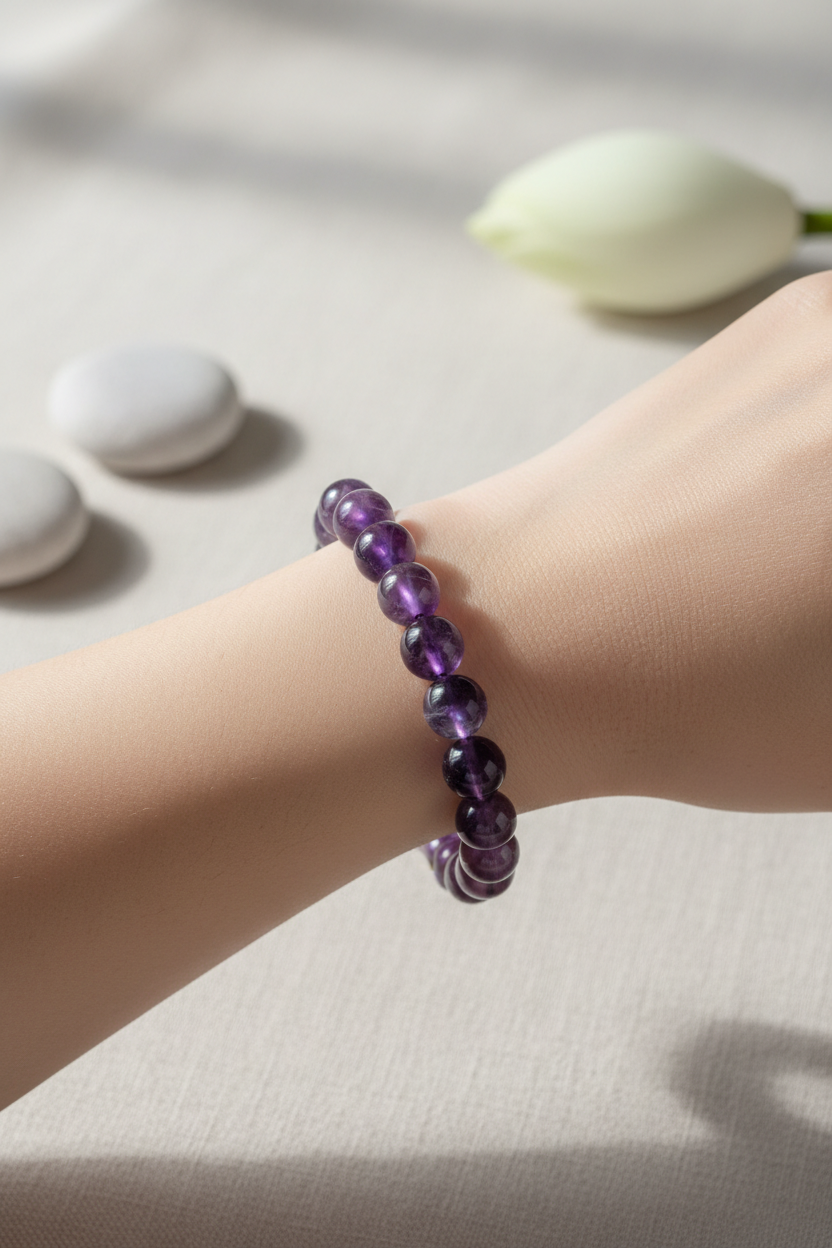Amethyst Bracelet worn on wrist showing calming spiritual energy