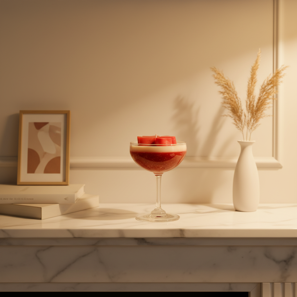 Red velvet coupe candle styled on white marble shelf with luxury home décor, pampas grass and warm ambient lighting