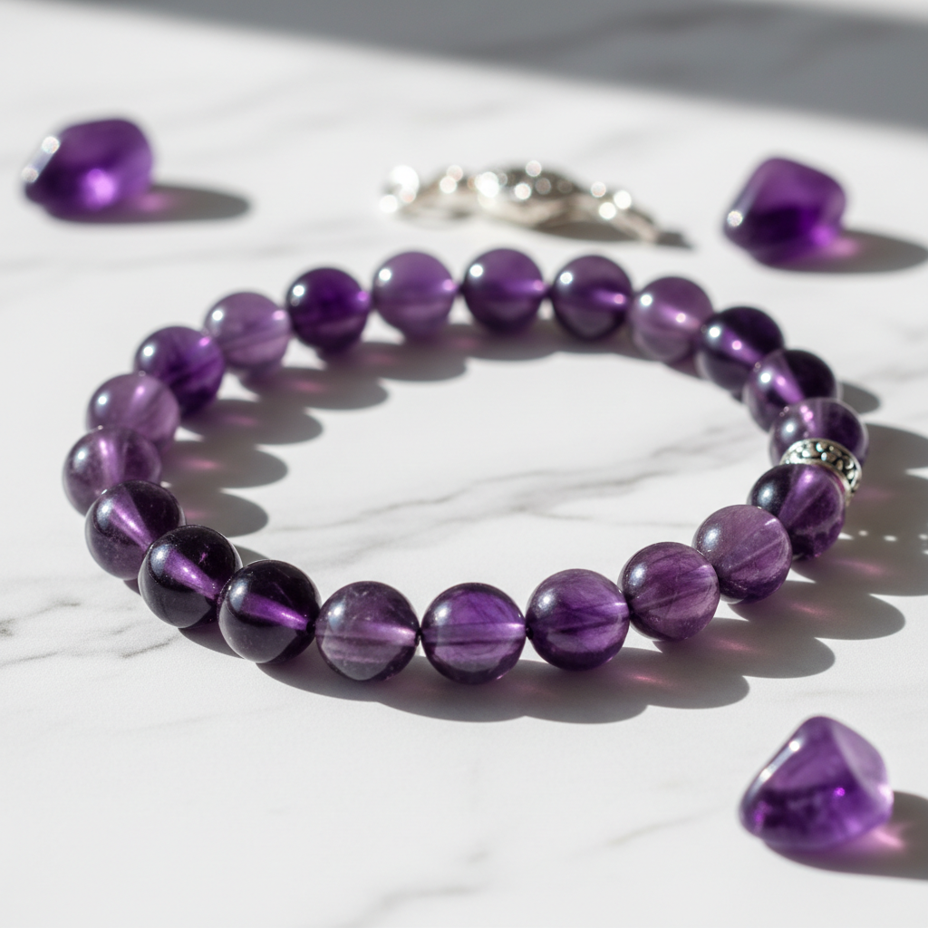 Amethyst Crystal Bracelet with rich purple beads on marble surface