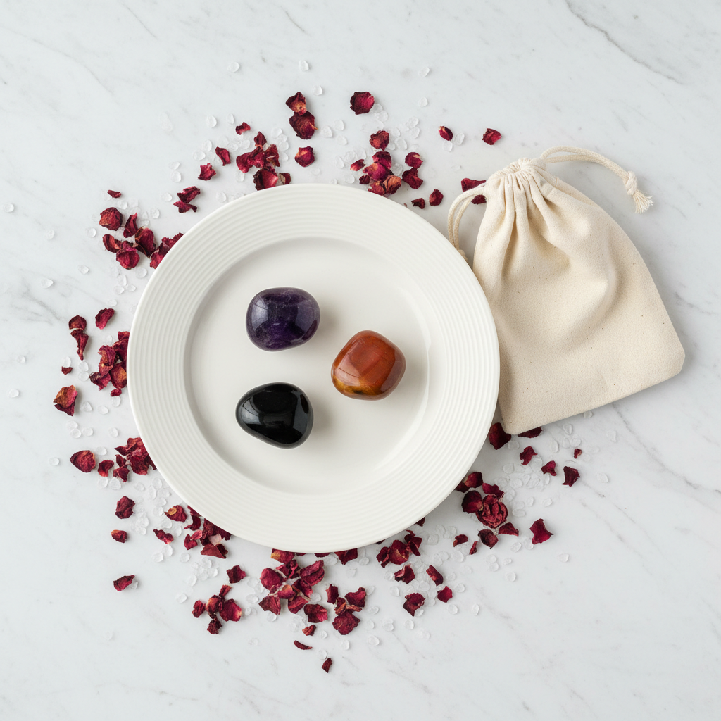 Protection Shield Crystal Set - top-down flat lay of Amethyst, Obsidian, Carnelian and Tiger Eye tumbles with cotton potli on white marble