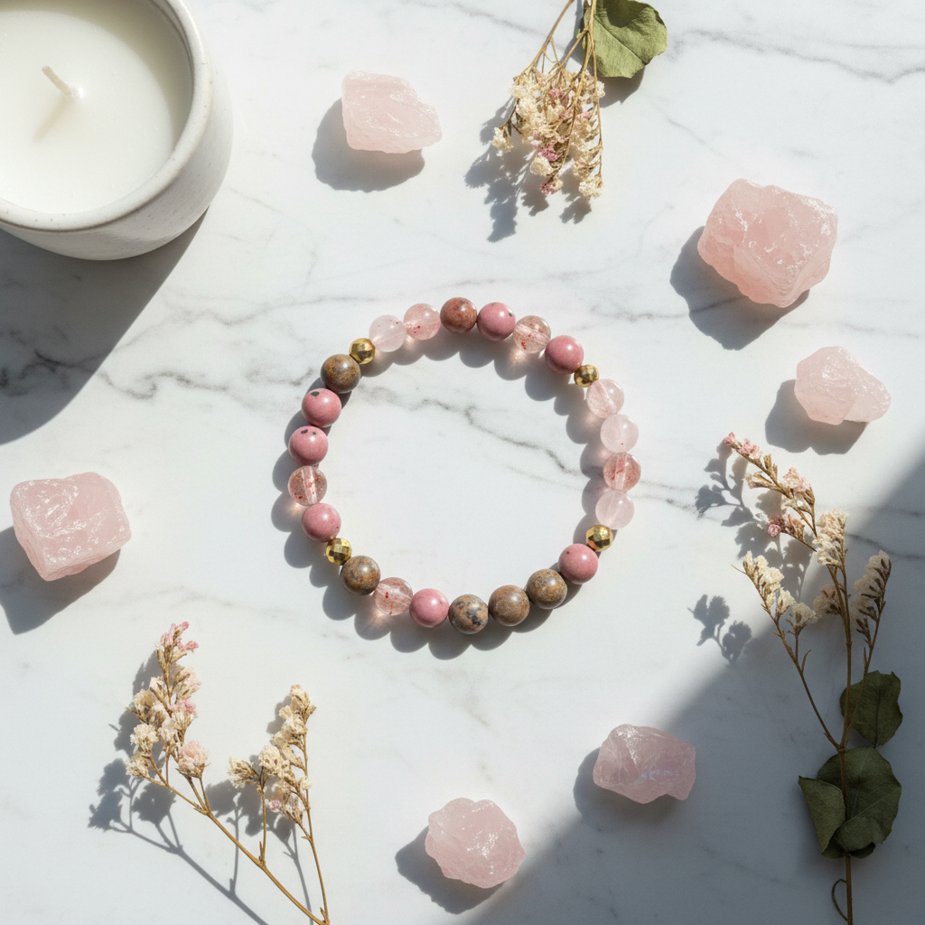 Devine Love Bracelet flat lay with crystals flowers and candle