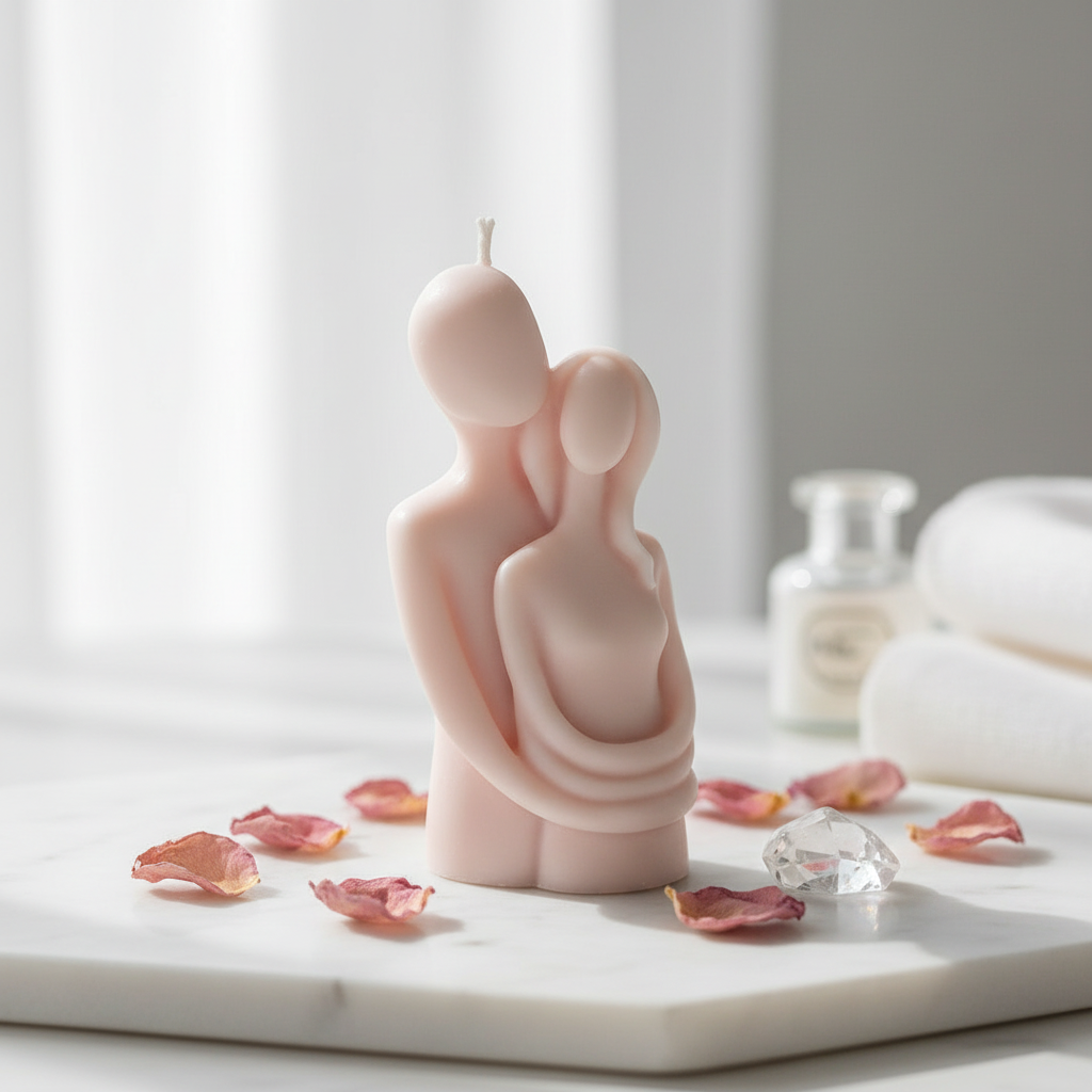 Pastel blush pink couple hugging figurine soy candle on white marble with dried rose petals - Just Natural Purity