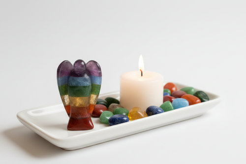 7 Chakra crystal angel on white tray with candle and tumbled stones — spa luxury decor