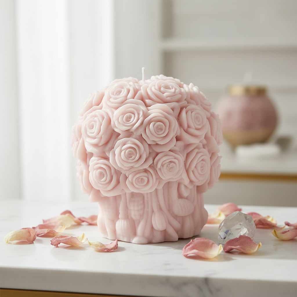 Pastel blush pink rose small bouquet candle on white marble - Just Natural Purity