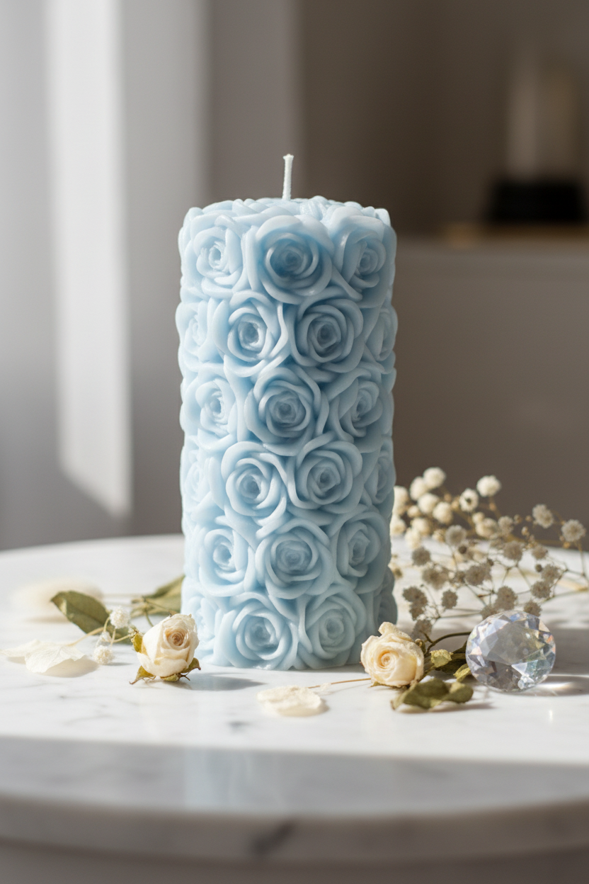 Pastel sky blue rose textured pillar soy candle on white marble with dried flowers - Just Natural Purity