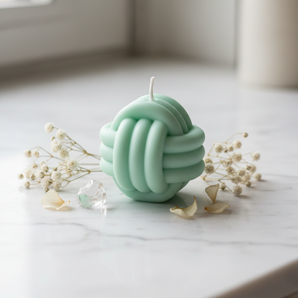 Pastel mint green infinity bloom candle on white marble - Just Natural Purity