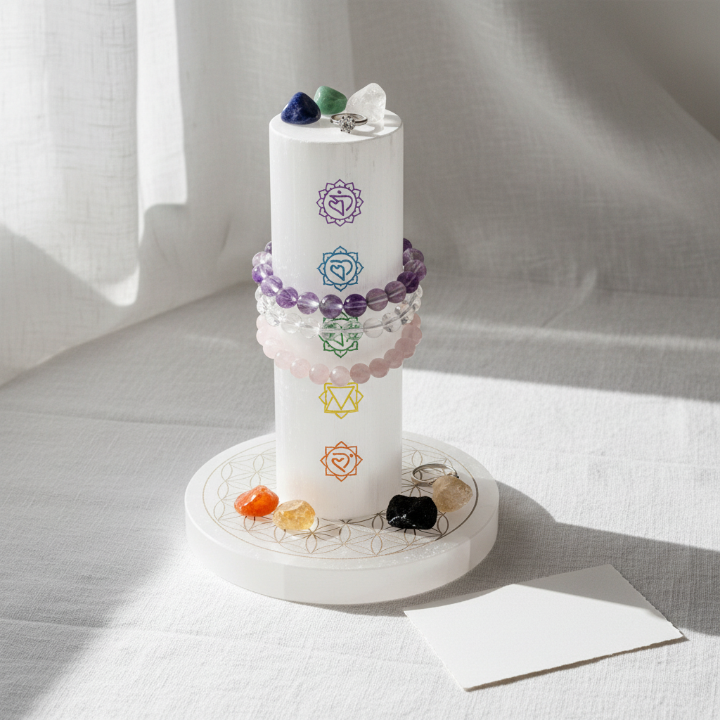Selenite 7 Chakra Charging Pillar