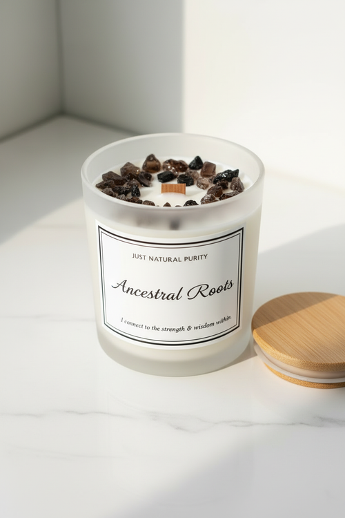 Ancestral Roots Crystal Candle — Smoky Quartz & Black Tourmaline
