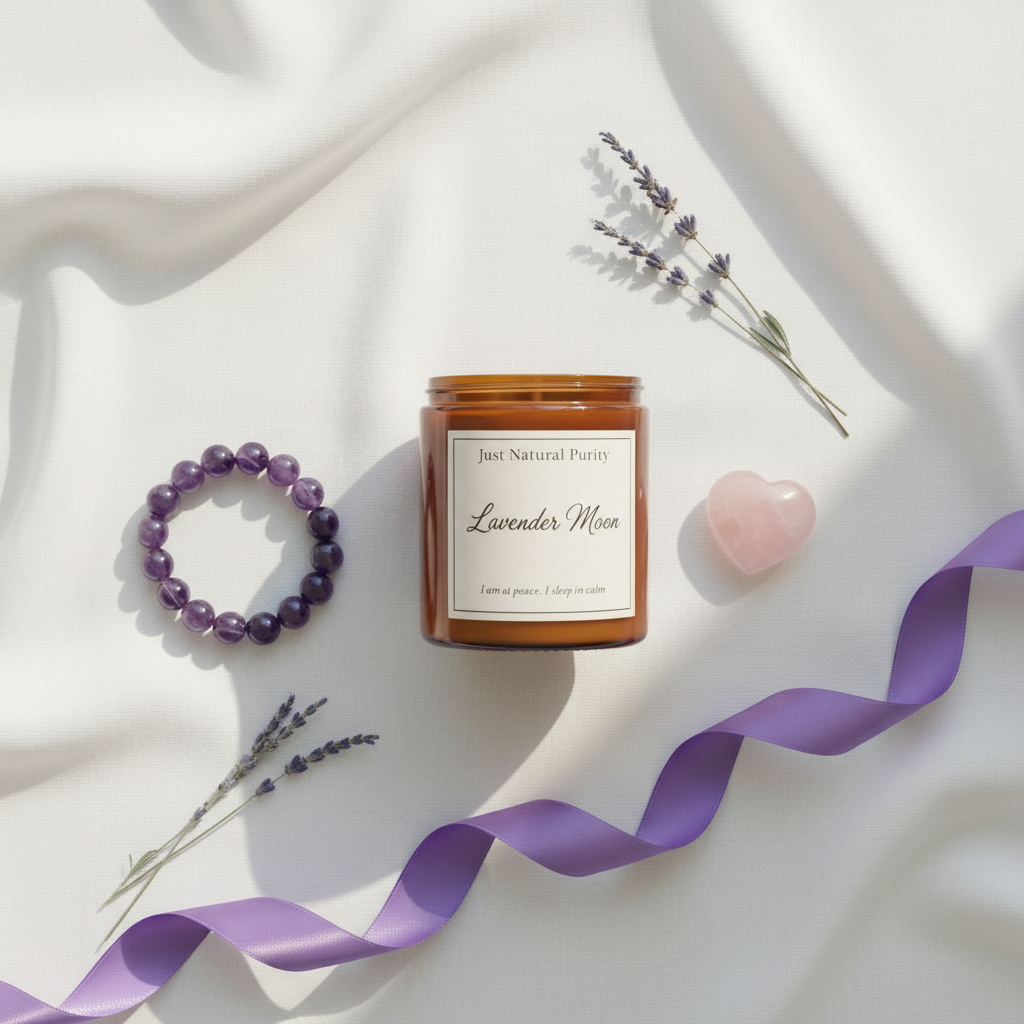 Calm & Heal Set — Lavender Candle, Amethyst Bracelet & Heart Crystal