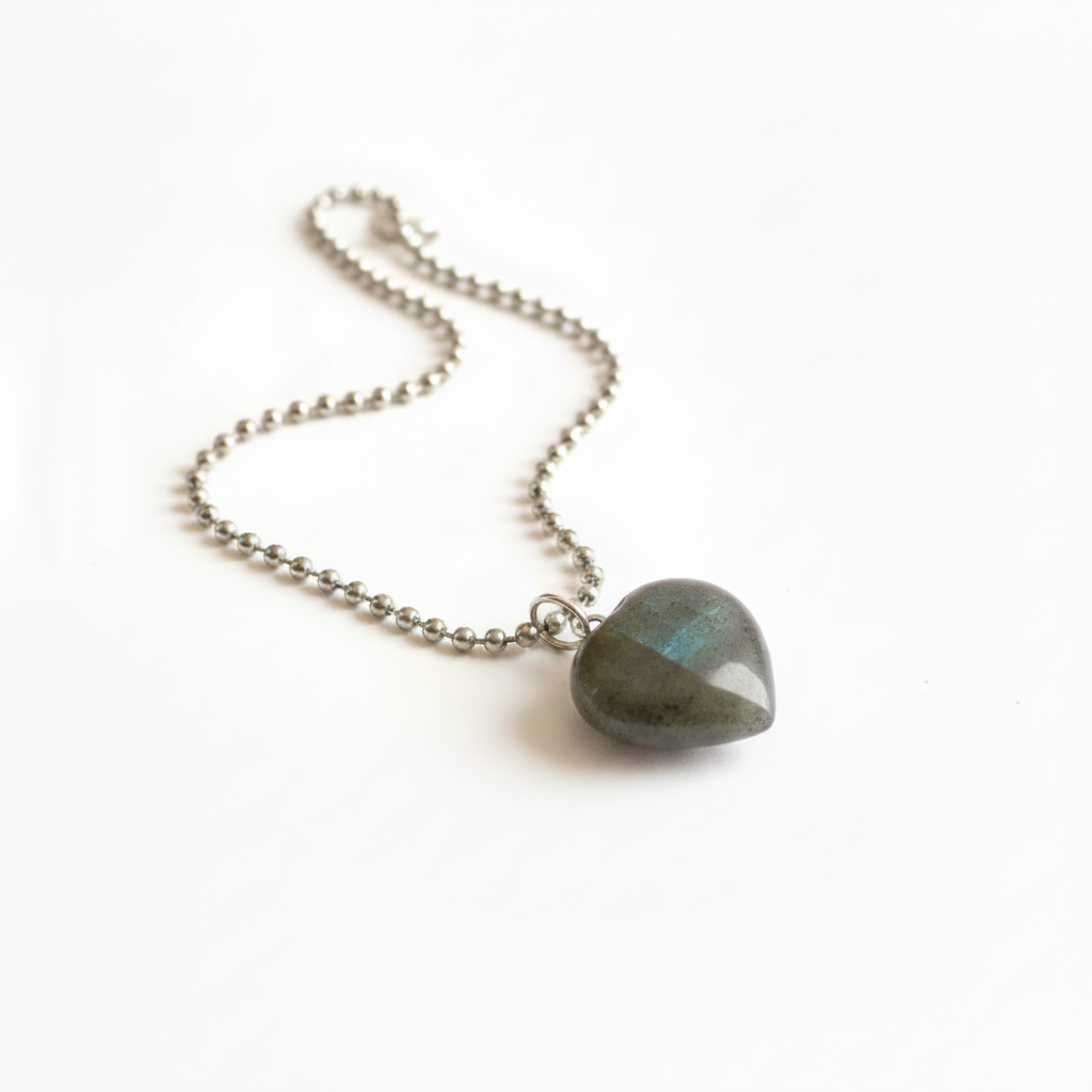Labradorite Heart Pendant Necklace - natural matte crystal finish, soft studio lighting, white background