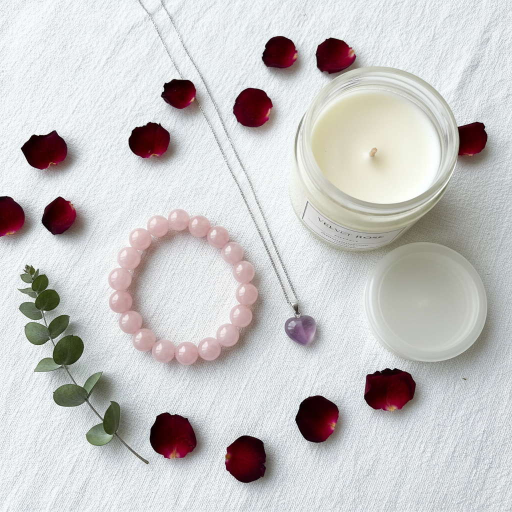 Sister's Love Crystal Gift Set - flat lay with rose petals, Rose Quartz bracelet, Amethyst pendant and Velvet Rose candle on white linen