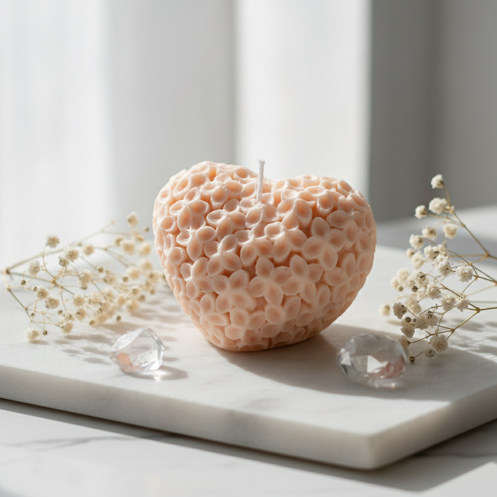 Pastel peach heart floral candle on white marble - Just Natural Purity