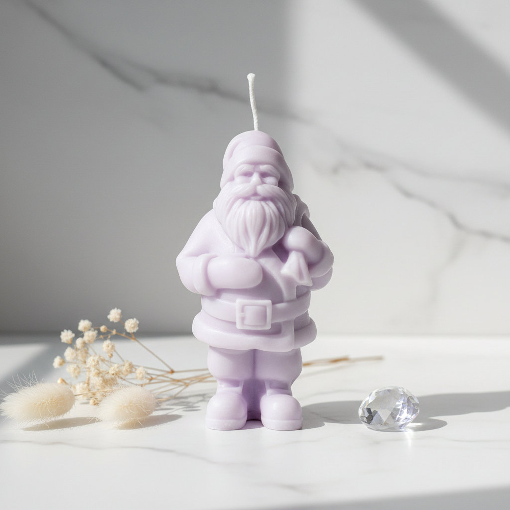 Pastel lavender Santa Claus figurine candle on white marble - Just Natural Purity