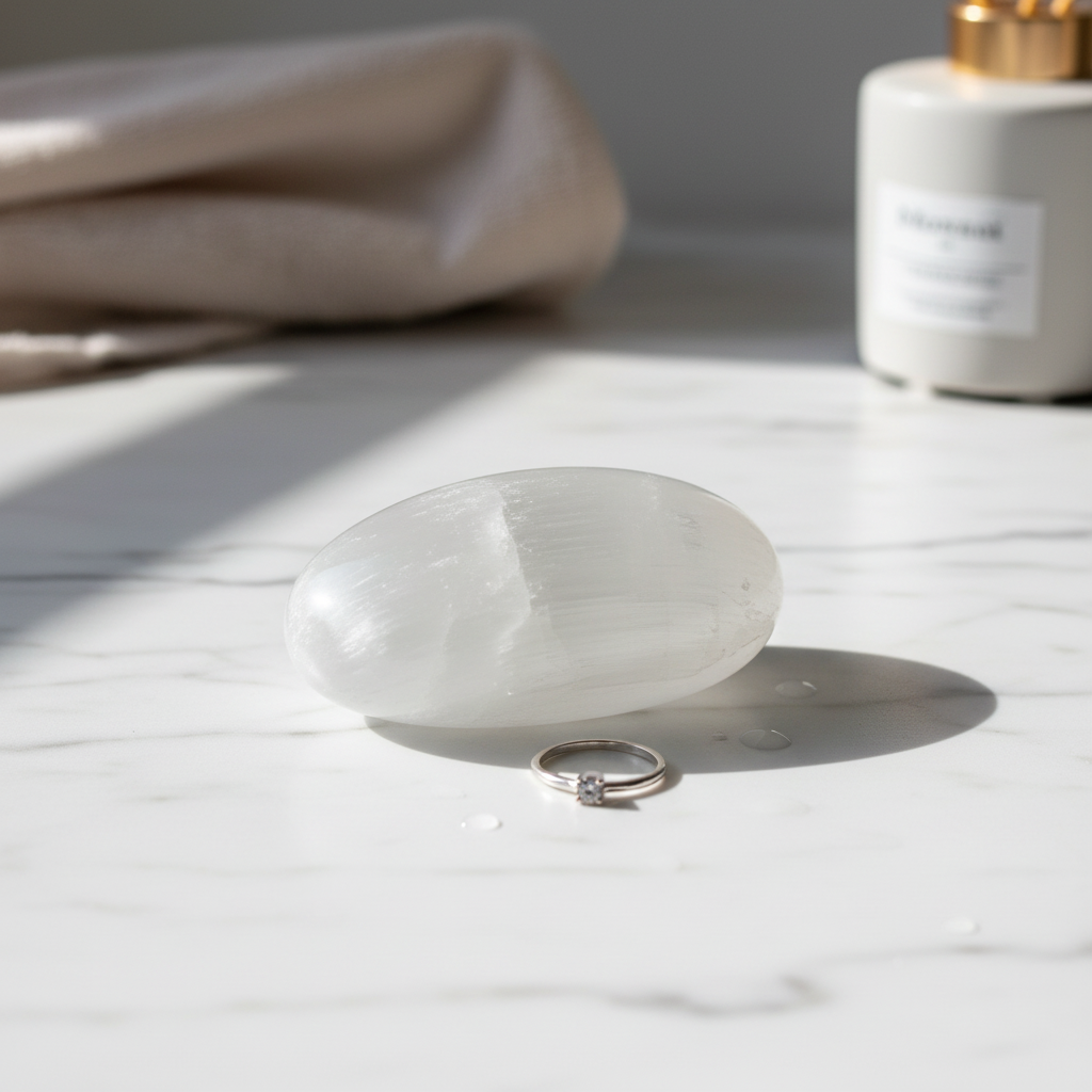 Selenite Palm Stone with white translucent appearance on marble surface