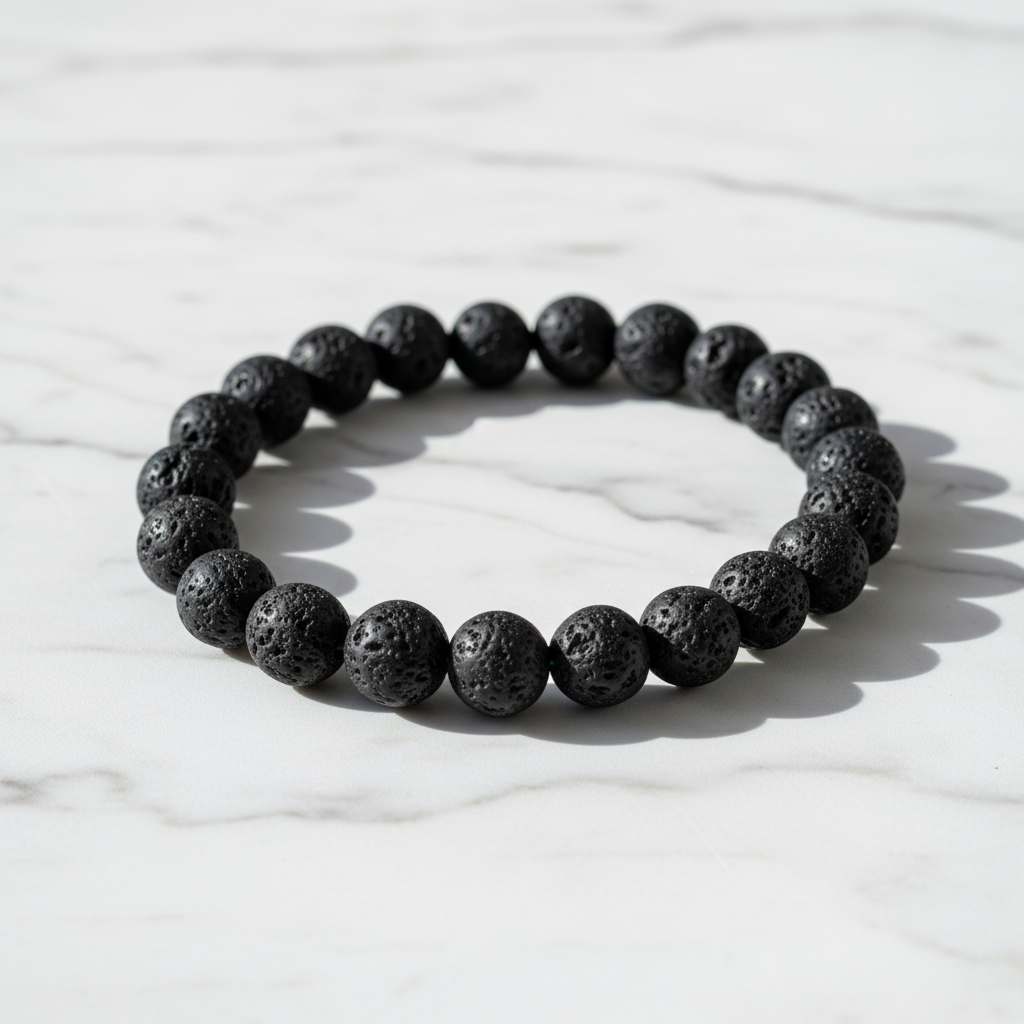 Lava Crystal Bracelet with uniform black porous volcanic stone beads on marble